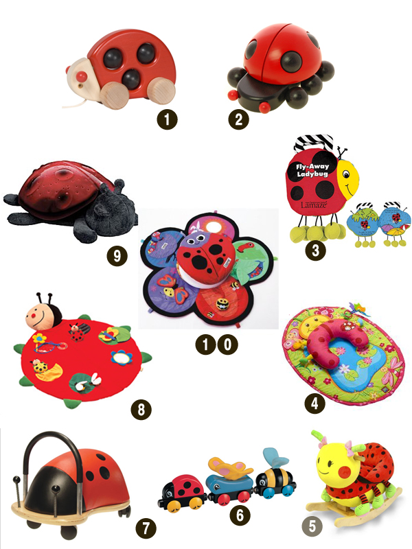 Ladybuy Pull Toy – $19; Rolling Ladybird from Bajo – $17; Fly Away Ladybug – 