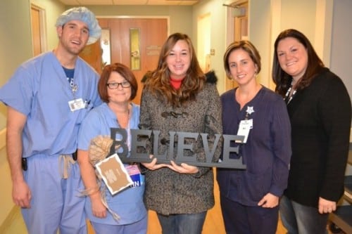 Stacy Martinez (center) is shown with (from left) medical staff members Jason Ramaker, Kim Federico, Jessica Jenkins and Kelley Thompson, during a recent reunion at Franciscan St. Anthony Health-Crown Point. Not pictured is Sheila Steward.?