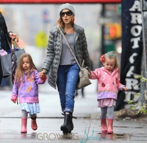 Sarah Jessica Parker takes her colorful twin daughters to school in NYC