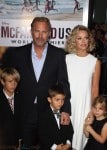 Kevin Costner and Christine Baumgartner with kids Grace Avery, Hayes and Cayden Costner at McFarland USA Premiere