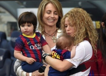 Shakira with sons Milan and Sasha at FC Barcelona vs Valencia CF game in Barcelona