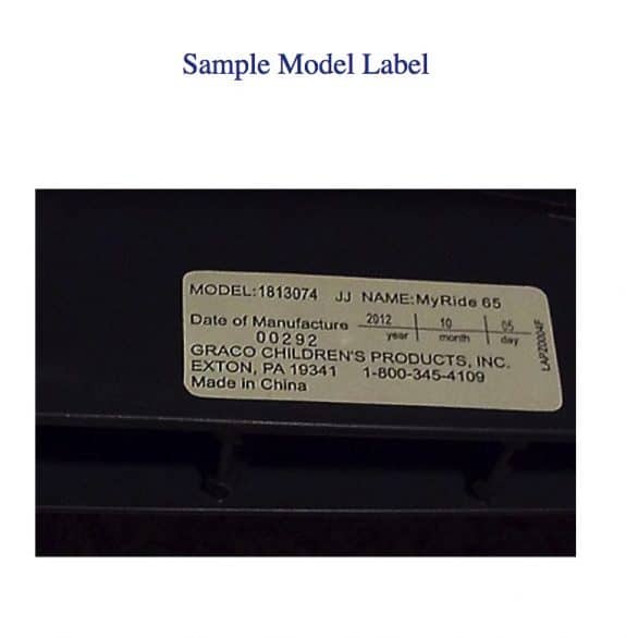 recalled My Ride 65 Car Seat sample model label