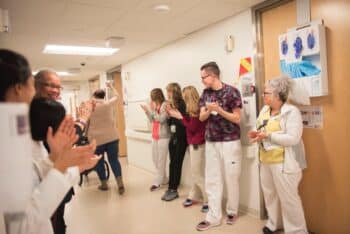 Cleveland Clinic Children’s staff give baby Grace and mom a celebratory send-off after their eight-month stay in the hospital