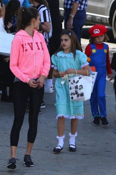 Model Alessandra Ambrosio is seen picking up her kids Anja and Noah from a Halloween Party in Santa Monica.