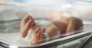 Newborn Baby Lying in Bassinet in a Maternity Hospital