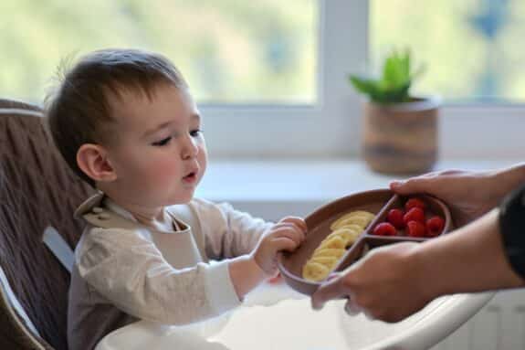 Mother gives toddler baby fruits and berries on a plate. Surprised child takes food from mom woman hands. Kid aged one year and two months