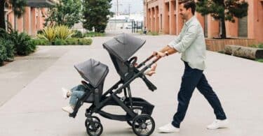 UPPAbaby Vista V3 Stroller set up in Double Mode with the RumbleSeat V3 Accessory