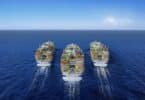 Three Icon class cruise ships sailing away in the ocean