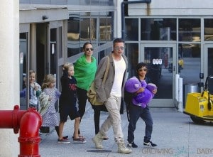 Brad Pitt and Angelina Jolie at LAX with kids Pax, Shiloh, Vivienne and Knox