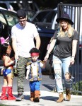 Mike Comrie and Hilary Duff with son Luca Comrie, who dressed up as a pirate for Church Halloween event