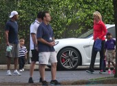 Tiger Woods,Lindsey Vonn,Sam Woods and Charlie Woods at school